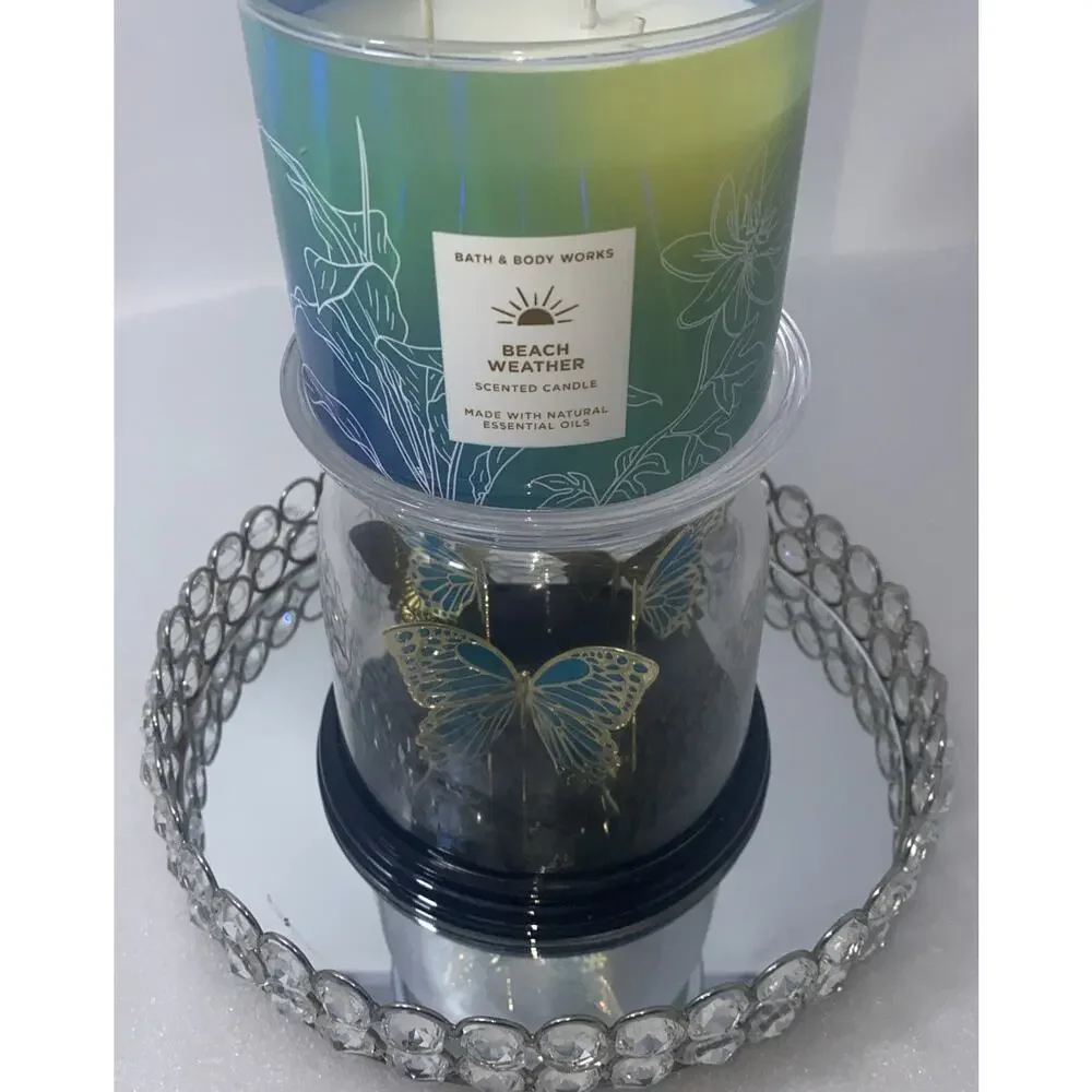 Bath & Body Works Butterfly Cloche Glass 3-Wick Candle Holder Pedestal Blue/New - Picture 6 of 6